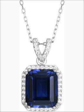 Lab Grown Sapphire Pendant Necklace, 14K Gold Plated Silver, Adjustable Chain